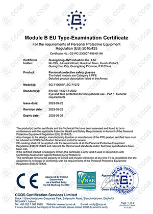 CE-сертификат на защитные очки моделей SG-71072 и SG-71006BF